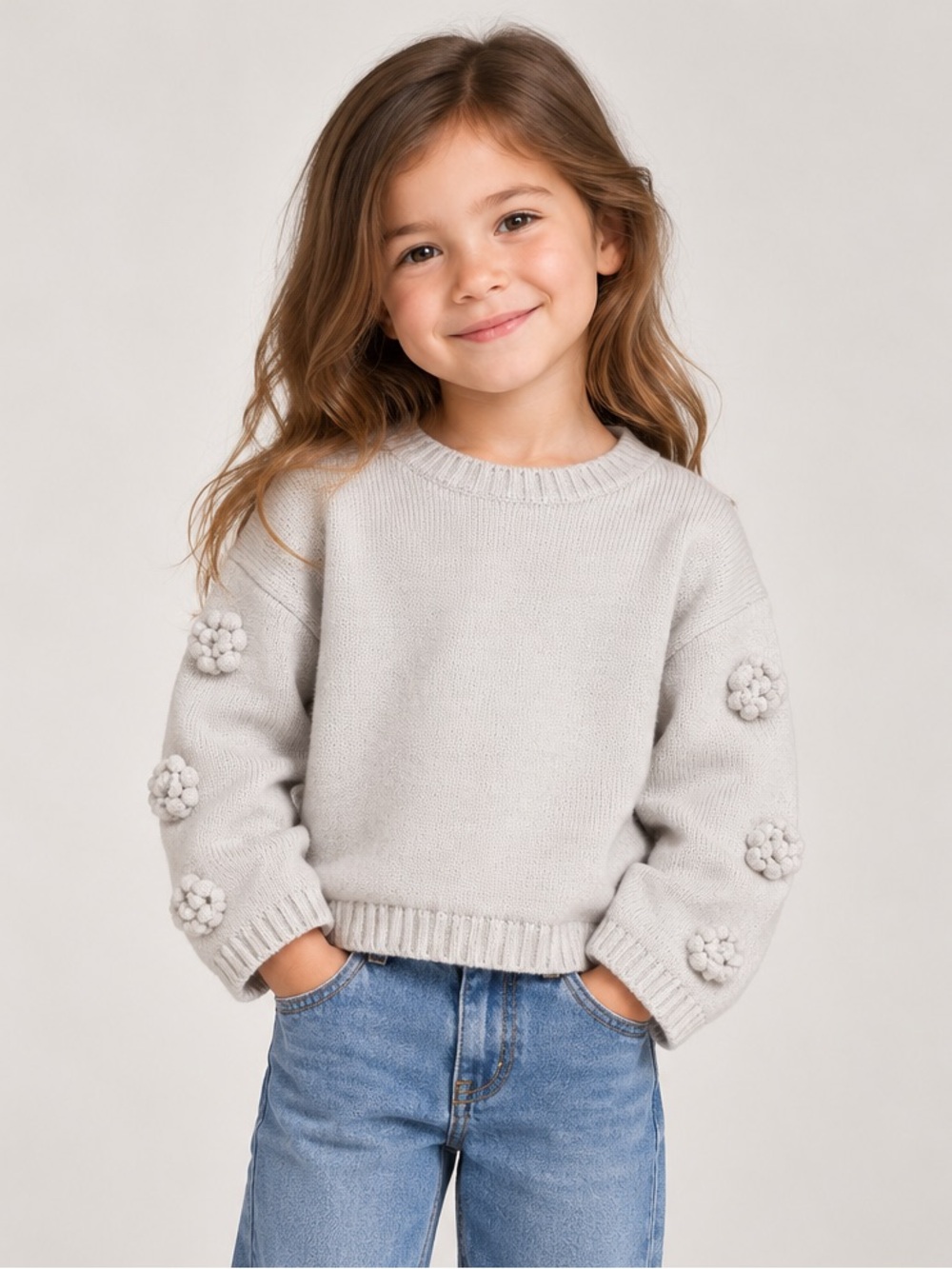Happily Grey Kids Pom Pom Sleeve Sweater M 10-12 Cream Knit Girls